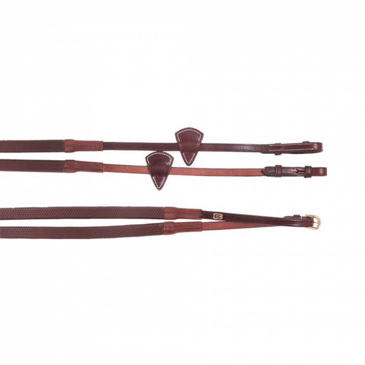Rubber Reins E-logo Brown/Brass in the group Horse Tack / Reins / Rubber Reins at Equinest (623000200202BR)