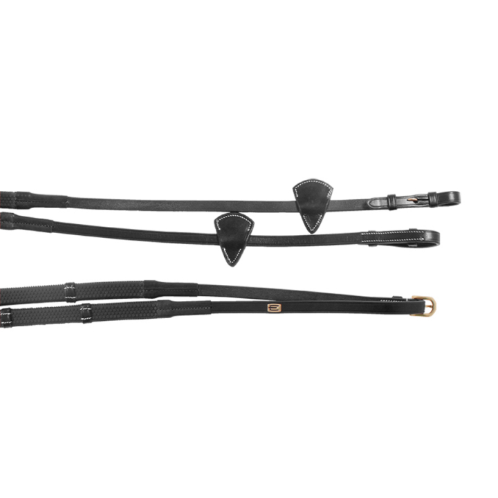 Rubber Reins E-logo with Stops Black/Brass in the group Horse Tack / Reins / Rubber Reins at Equinest (623000300203BA)