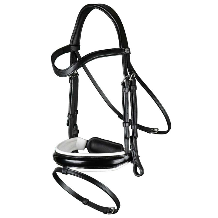 Dressage Bridle Glossy/White Padded WC Black in the group Horse Tack / Bridles & Browbands / Double Bridle, Weymouth & Dressage Bridles at Equinest (WODCAOSv_r)
