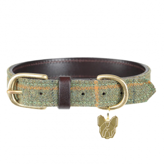 Dog Collar Tweed/Leather Green