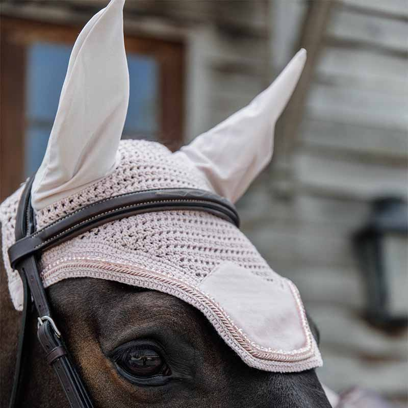 Fly Ear Bonnet Wellington Velvet Pearls Pink