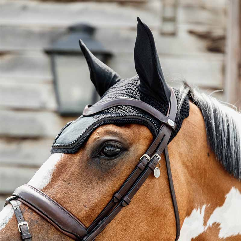 Fly Ear Bonnet Wellington Velvet Pearls Black
