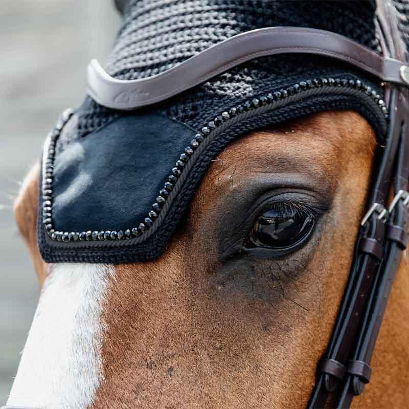 Fly Ear Bonnet Wellington Velvet Pearls Black