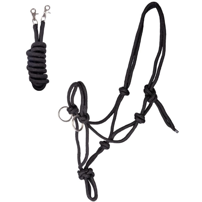 Rope Halter with Reins Knotted Black