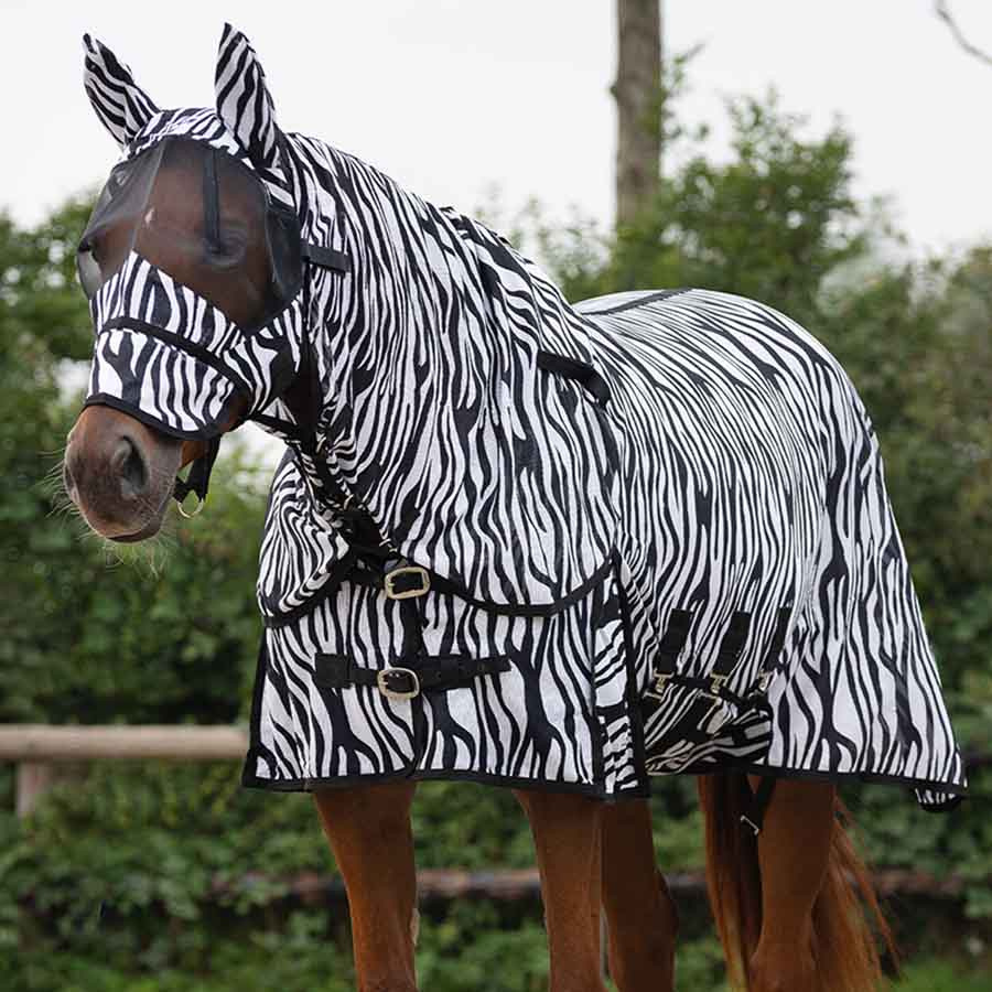 Fly Rug with Detachable Neck and Ear Bonnet Zebra Black/White