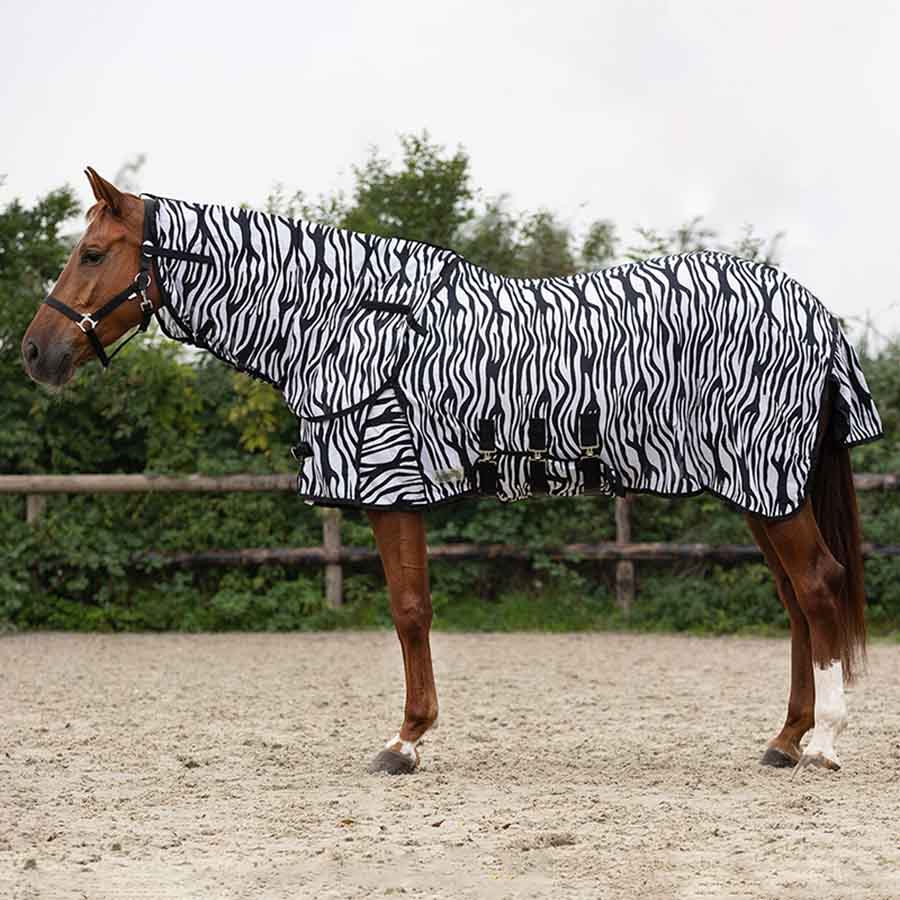 Fly Rug with Detachable Neck and Ear Bonnet Zebra Black/White